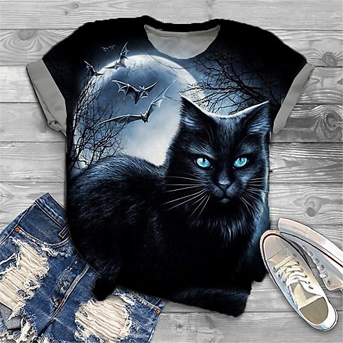 

Women's Plus Size Tops T shirt Cat Graphic Animal Print Short Sleeve Crewneck Basic Black Big Size XL XXL 3XL 4XL 5XL / Holiday