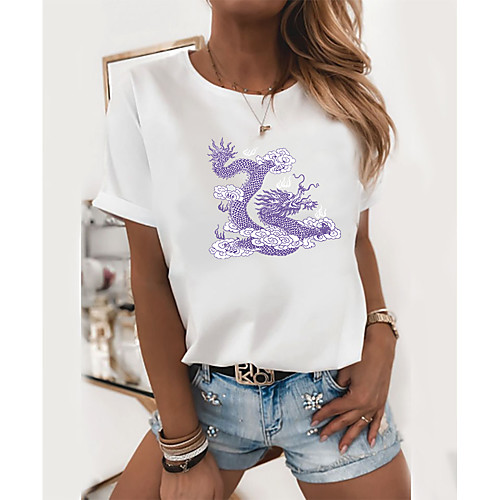

Women's T shirt Dragon Graphic Print Round Neck Tops 100% Cotton Basic Basic Top White