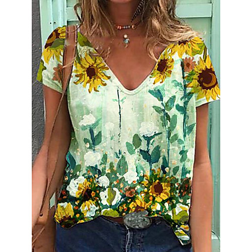 

Women's T shirt Floral Print V Neck Basic Tops Green