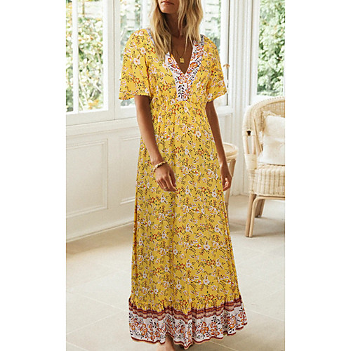 

Women's A Line Dress Maxi long Dress Yellow Blushing Pink Green Short Sleeve Print Color Block Patchwork Print Spring Summer V Neck Casual 2021 S M L XL