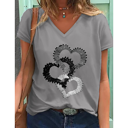 

Women's T shirt Graphic Heart Print V Neck Tops Basic Basic Top Green Gray