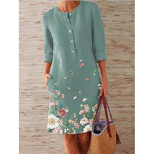 

spot 2021 spring new women's urban casual printing slim mid-length slim round neck mid-waist dress