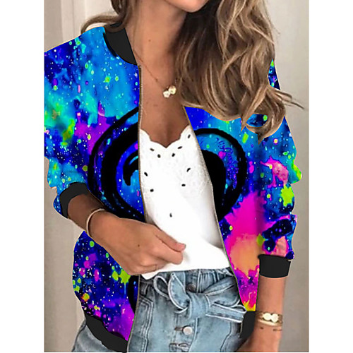 

Women's Jacket Daily Fall Spring Regular Coat V Neck Regular Fit Sporty Casual Jacket Long Sleeve Color Gradient Print Blue / Holiday
