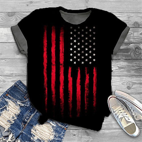 

Women's Plus Size Tops T shirt Graphic Flag Print Short Sleeve Crewneck Basic Black Big Size XL XXL 3XL 4XL 5XL / Holiday