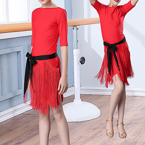 

Latin Dance Dress Tassel Girls' Training Performance Half Sleeve Natural Nylon