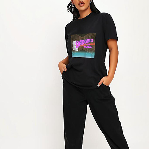 

Women's T shirt Graphic Letter Print Round Neck Tops 100% Cotton Basic Basic Top White Black