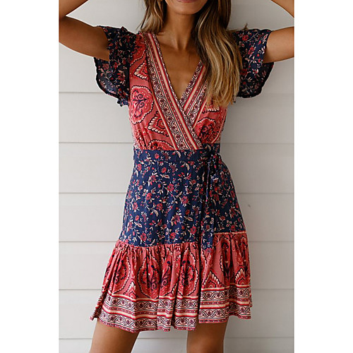 

Women's A Line Dress Short Mini Dress Blue Purple Blushing Pink Wine Fuchsia Green Dusty Blue Orange Red Light Green Short Sleeve Floral Color Block Patchwork Print Fall Summer V Neck Elegant Casual