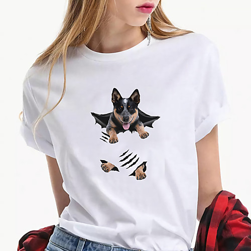 

Women's T shirt Dog Animal Print Round Neck Tops 100% Cotton Basic Basic Top White Red