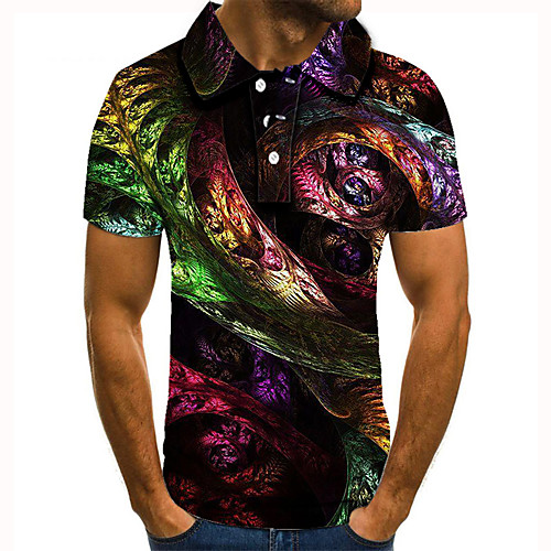 

Men's Golf Shirt 3D Print Graphic Prints Leaves Button-Down Short Sleeve Street Tops Casual Fashion Cool Rainbow / Sports