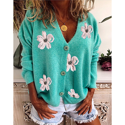 

Women's Stylish Chic Modern Casual Embroidered Knitted Floral Cardigan Sweater Long Sleeve Sweater Cardigans V Neck Fall Winter Spring Gray Green Red Holiday