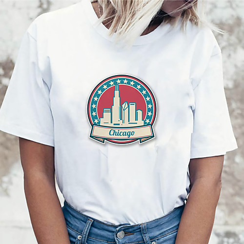 

Women's Holiday Chicago T shirt Graphic Letter Print Round Neck Basic Tops 100% Cotton Blue White Black