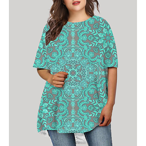 

Women's Plus Size Dress T Shirt Dress Tee Dress Short Mini Dress Half Sleeve Floral Graphic Tribal Print Basic Fall Spring Summer Blue XL XXL 3XL 4XL 5XL