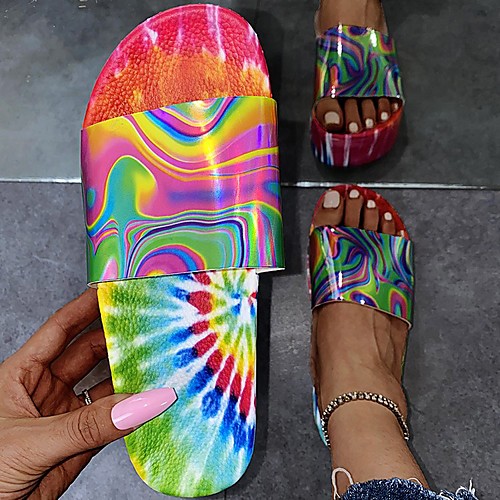 

Women's Sandals Flat Heel Round Toe PU Color Block Black Orange Green