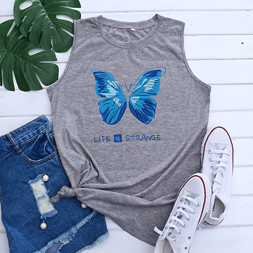 

Women's Holiday Tank Top Vest T shirt Graphic Butterfly Letter Print Round Neck Basic Tops Blue Purple Light gray / Going out
