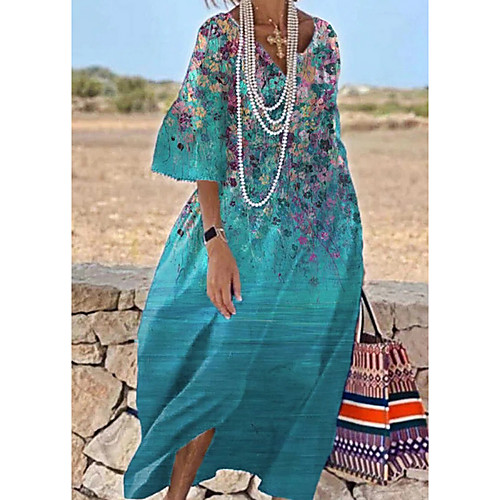 

Women's A Line Dress Maxi long Dress Blue Half Sleeve Floral Solid Color Fall Summer V Neck Elegant Casual 2021 M L XL XXL