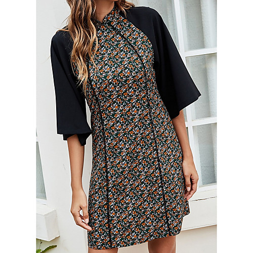 

Women's A Line Dress Short Mini Dress Green Half Sleeve Print Color Block Patchwork Print Spring Summer Turtleneck Casual 2021 S M L XL / Velvet