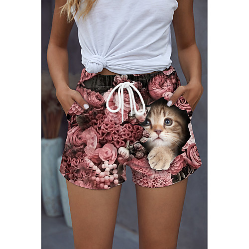

Women's Stylish Basic Comfort Beach Weekend Active Pants Floral Cat Graphic Prints Short Sporty Elastic Drawstring Design Print Blushing Pink