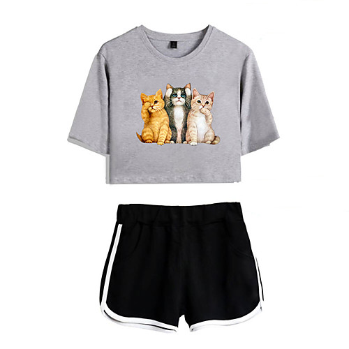 

Women's Basic Streetwear Cat Animal Vacation Casual / Daily Two Piece Set Crop Top Tracksuit T shirt Loungewear Shorts Print Tops