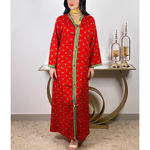 

Women's Kaftan Dress Maxi long Dress Red Long Sleeve Solid Color Patchwork Print Spring Summer V Neck Casual 2021 S M L XL XXL