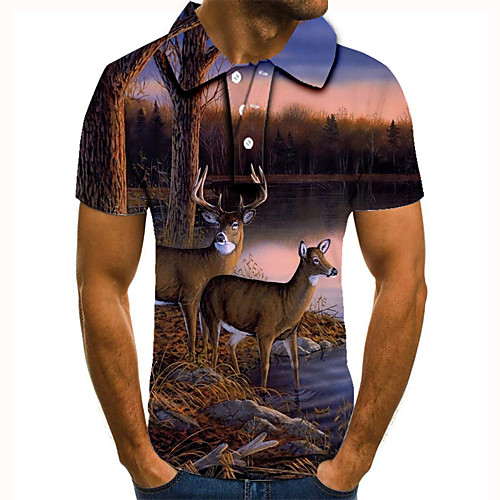 

Men's Golf Shirt 3D Print Deer Animal Button-Down Short Sleeve Street Tops Casual Fashion Cool Brown / Sports