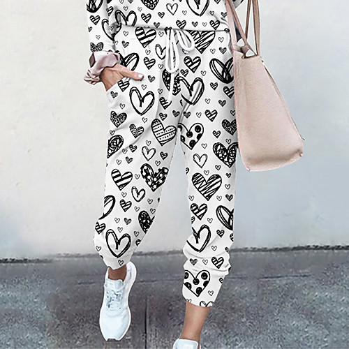 

Women's Basic Soft Comfort Going out Gym Palazzo Pants Heart Graphic Prints Full Length Elastic Drawstring Design Print Black / White