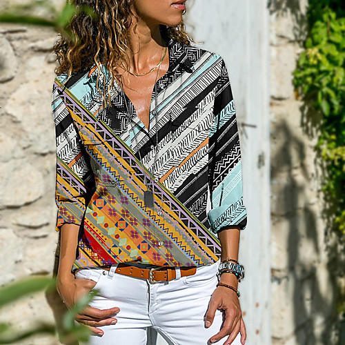 

Women's Bohemian Theme Blouse Shirt Graphic Long Sleeve Button Print Shirt Collar Streetwear Tops Blue Red Yellow