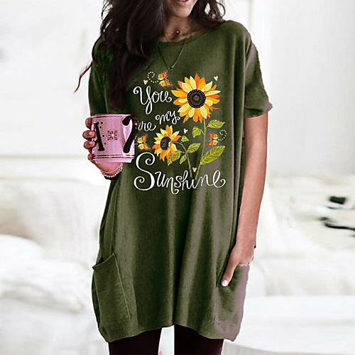 

Women's T shirt Dress Graphic Flower Round Neck Tops Basic Basic Top Black Wine Army Green