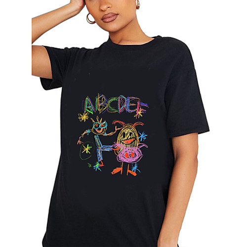 

Women's T shirt Cartoon Graphic Print Round Neck Tops 100% Cotton Basic Basic Top White Black