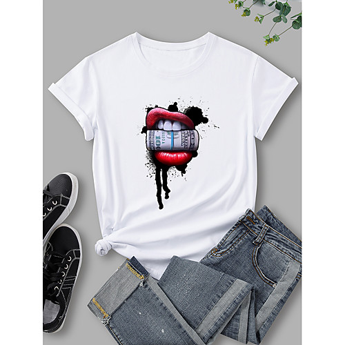

Women's T shirt Graphic Mouth Print Round Neck Tops 100% Cotton Basic Basic Top White Black Blue