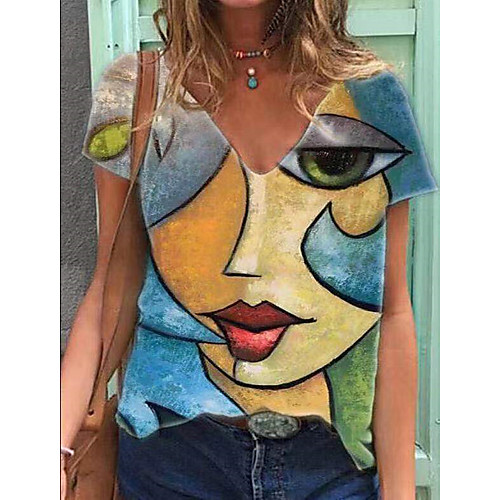 

Women's Portrait T shirt Portrait V Neck Tops Basic Basic Top Blue Red