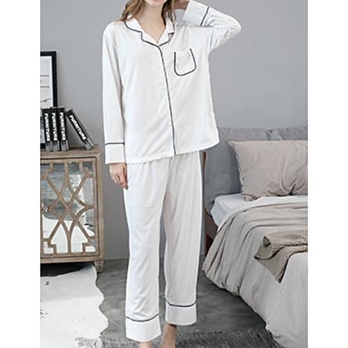 

Women's Suits Pajamas Sets Solid Colored Polyester Casual Shirt Pant Shirt Collar Daily Daily Wear Long Sleeve