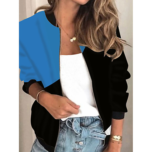 

Women's Jacket Daily Fall Spring Regular Coat Regular Fit Casual Jacket Long Sleeve Color Block Print Black