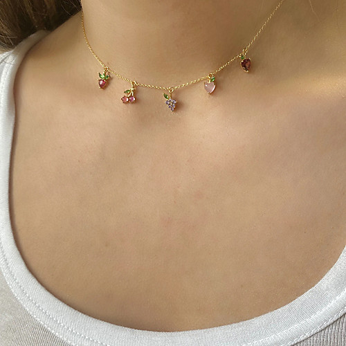 

cherry peach necklace jewelry style color zirconium tropical fruit clavicle chain necklace for women