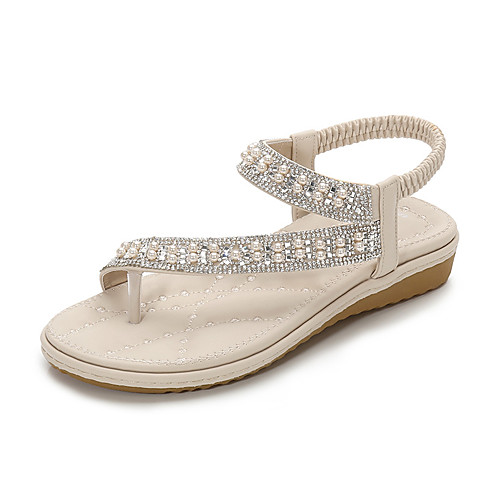 

Women's Sandals Boho Bohemia Beach Flat Heel PU Rhinestone Beading Almond White Black