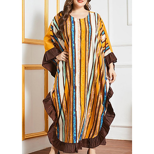 

Women's Kaftan Dress Maxi long Dress Camel Long Sleeve Striped Patchwork Summer Round Neck Casual Batwing Sleeve Loose 2021 One-Size