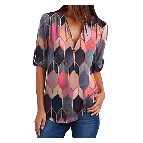

Women's Blouse Graphic Long Sleeve Zipper V Neck Tops Blue Red Yellow