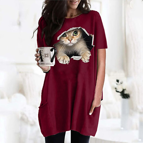 

Women's 3D Cat T shirt Dress Cat Graphic Round Neck Tops Basic Basic Top Black Wine Army Green