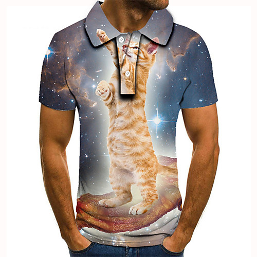 

Men's Golf Shirt 3D Print Cat Graphic Prints Animal Button-Down Short Sleeve Street Tops Casual Fashion Cool Blue / Sports