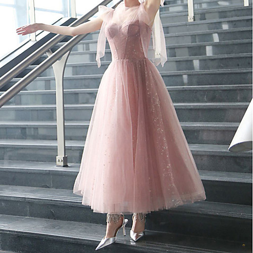 

A-Line Empire Sparkle Prom Formal Evening Dress Illusion Neck Sleeveless Ankle Length Tulle with Bow(s) 2021
