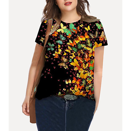 

Women's Plus Size Tops T shirt Graphic Butterfly Print Short Sleeve Crewneck Basic Green Black Red Big Size XL XXL 3XL 4XL 5XL / Holiday / Going out