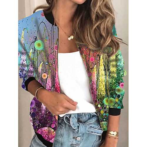 

Women's Jacket Daily Fall Spring Regular Coat Regular Fit Casual Jacket Long Sleeve Floral Print Blue Rainbow