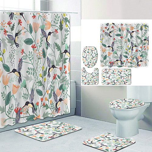 

Bird with Flowers Digital Printing Four-piece Set Shower Curtains and Hooks Modern Polyester Machine Made Waterproof Bathroom