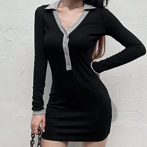 

Women's Sheath Dress Short Mini Dress Black Long Sleeve Solid Color Patchwork Fall Summer Shirt Collar Elegant Casual 2021 S M L