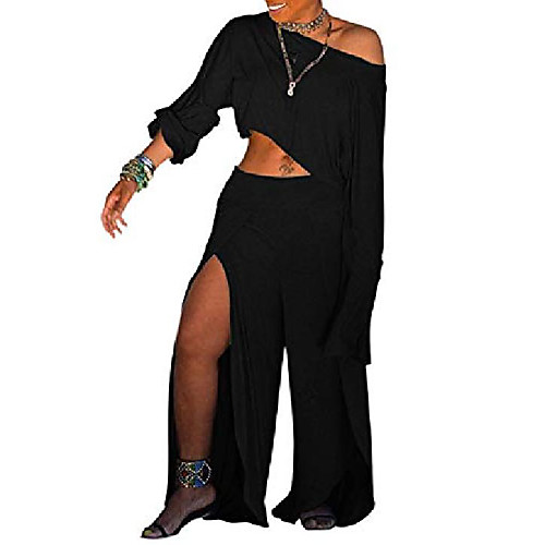 

letsvdo women's 2 pieces jumpsuits long sleeve crop top long pant outfit strapless shoulder rompers black