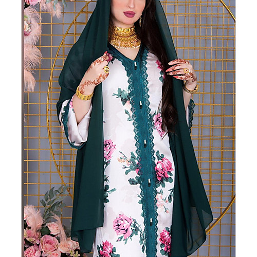 

Women's Kaftan Dress Maxi long Dress White Long Sleeve Floral Patchwork Print Summer Round Neck Casual 2021 S M L XL XXL