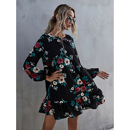 

foreign trade amazon new product neckline cross tie puff sleeve printed ruffle cross-border autumn and winter dress female