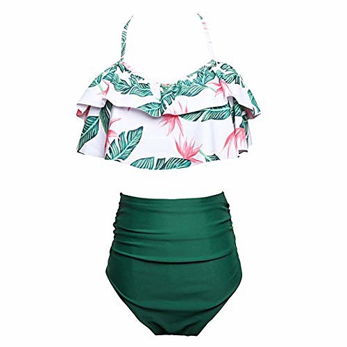 

Women's Bikini 2 Piece Swimsuit High Waist Solid Color Yellow wave point Upper black and lower green Upper black and lower leaves Top black and bottom white dots Yellow Swimwear Bathing Suits New