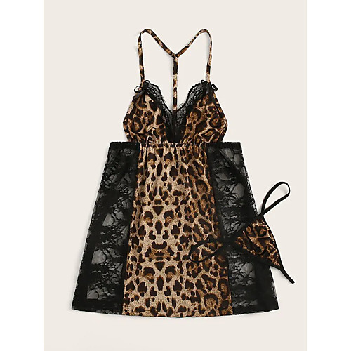 

Women's Layered Lace Hole Plus Size Sexy Uniforms & Cheongsams Suits Nightwear Solid Colored Leopard Embroidered Bra Black XL XXL 3XL