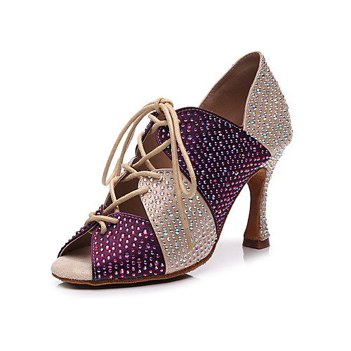 

2021 New Women's Latin Shoes High Heel Crystal / Rhinestone Crystal Heel Open Toe Dark Red Black Lace-up Glitter Crystal Sequined Jeweled / Satin