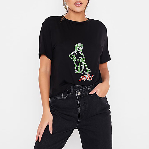 

Women's T shirt Cartoon Graphic Print Round Neck Tops 100% Cotton Basic Basic Top Black
